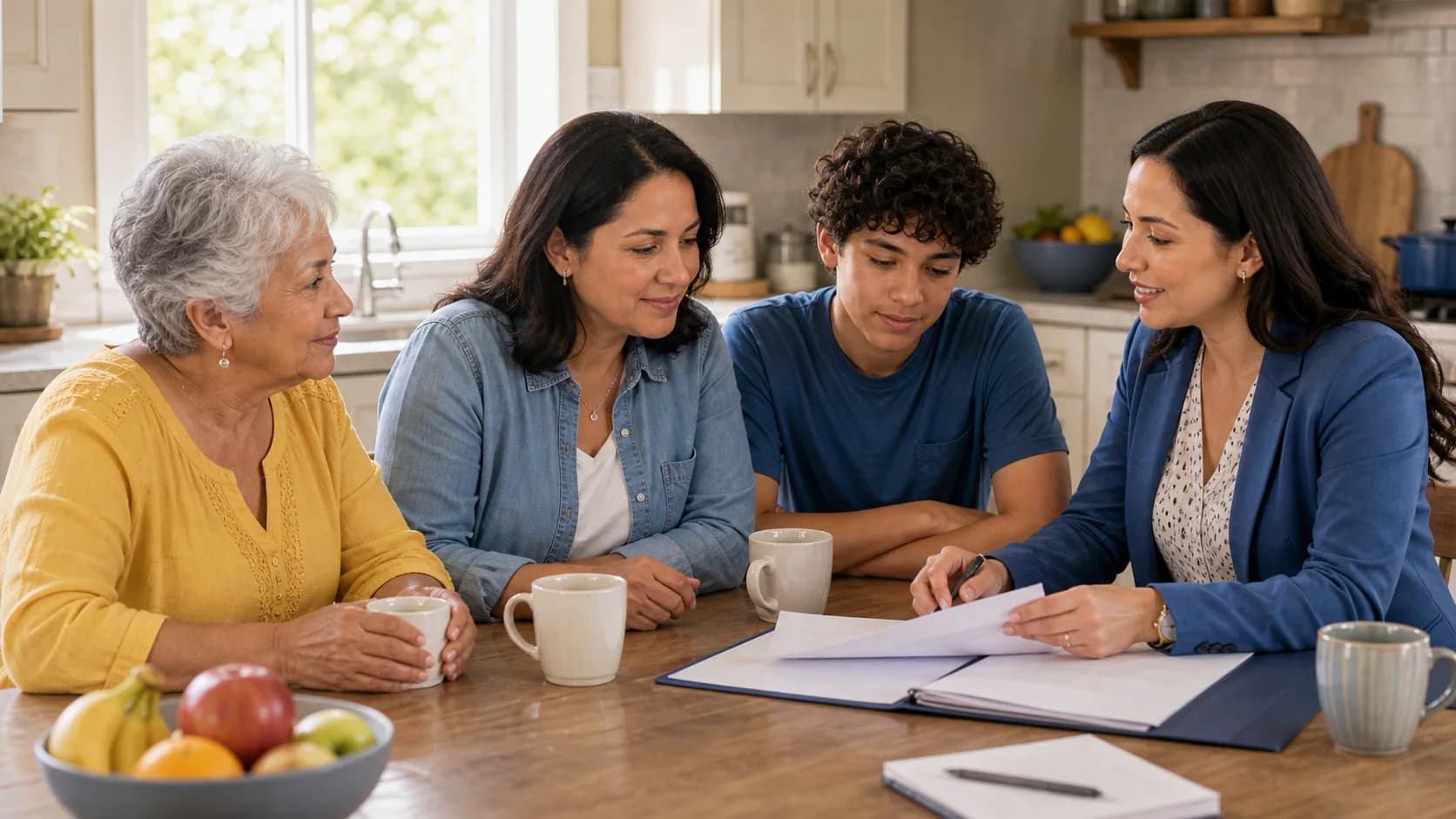 Family and care coordinator reviewing a care plan at a kitchen table
