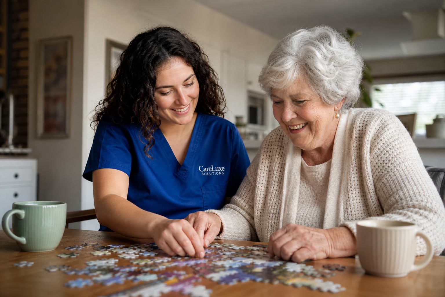 CareLuxe Solutions caregiver and client working on a jigsaw puzzle at home
