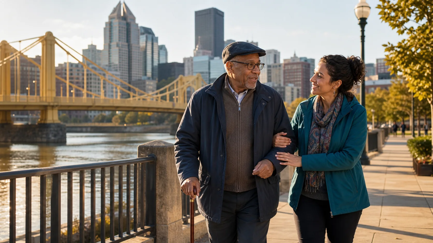 Caregiver walking with an older adult near a Pittsburgh riverfront bridge
