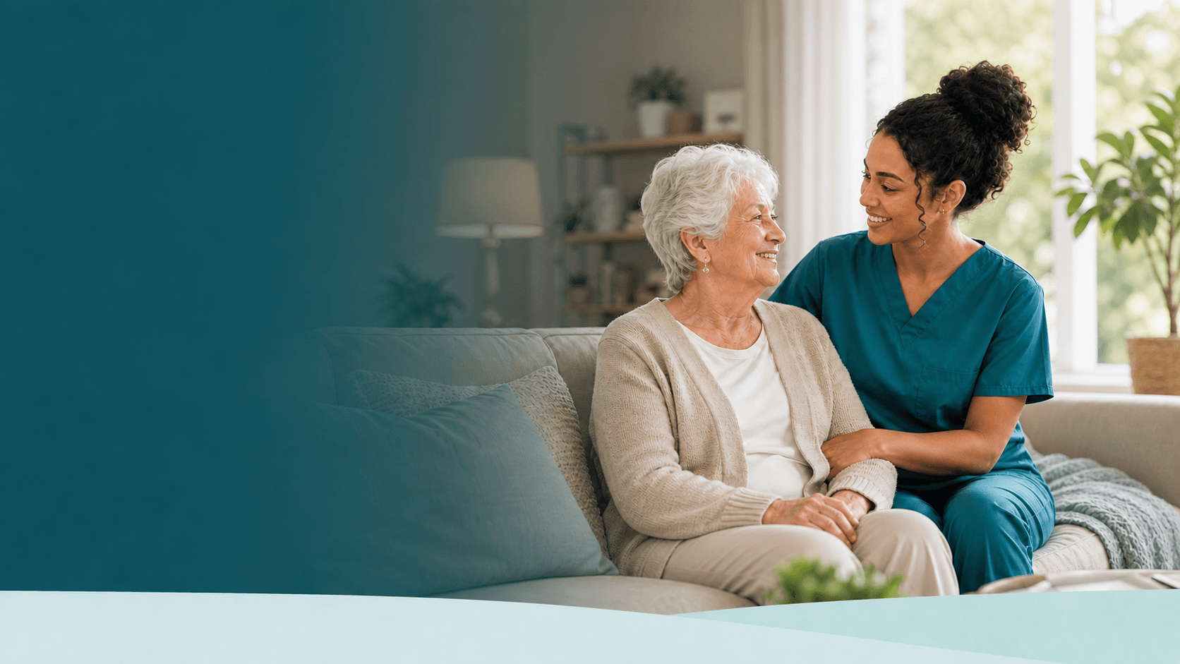 CareLuxe Solutions caregiver sitting with an older adult in a bright living room